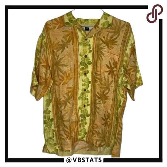 Tommy Bahama Gold-Green-Yellow Tropical Graphic SS 100% Linen Soft Shirt Medium - Picture 1 of 6